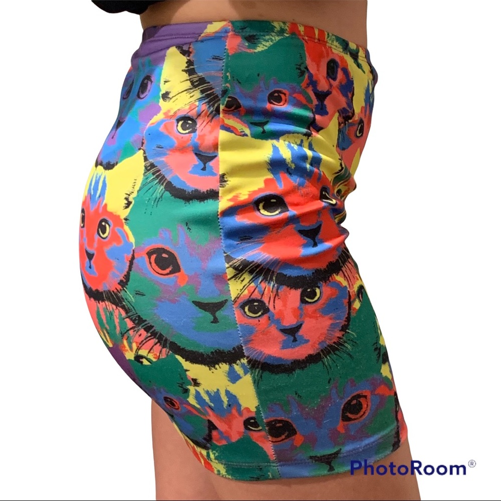 🏷️ Forever 21 Kitty Cat Stretch Warhol Mini Skirt L Large